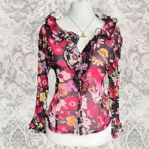 Floral Ruffle Blouse Pink Black Silk Romantic Fairy Coquette Women’s Large